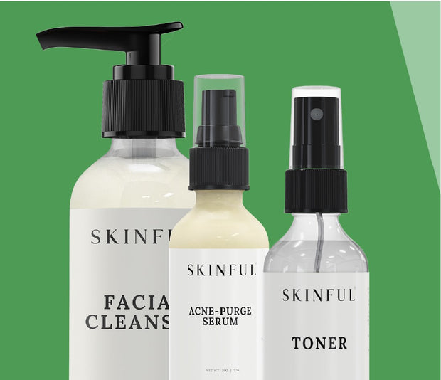 Skinful Banner featuring Skinful Facial Cleanser, Skinful Acne-purge Serum, and Skinful Toner
