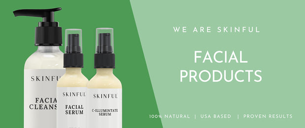 Skinful Banner featuring Skinful Facial Cleanser, Skinful Facial Serum, and Skinful Toner